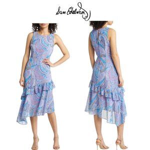 NWT Sam Edelman Summer Paisley Ruffled Midi | Blue Multi Asymmetrical Hem | Sz 4
